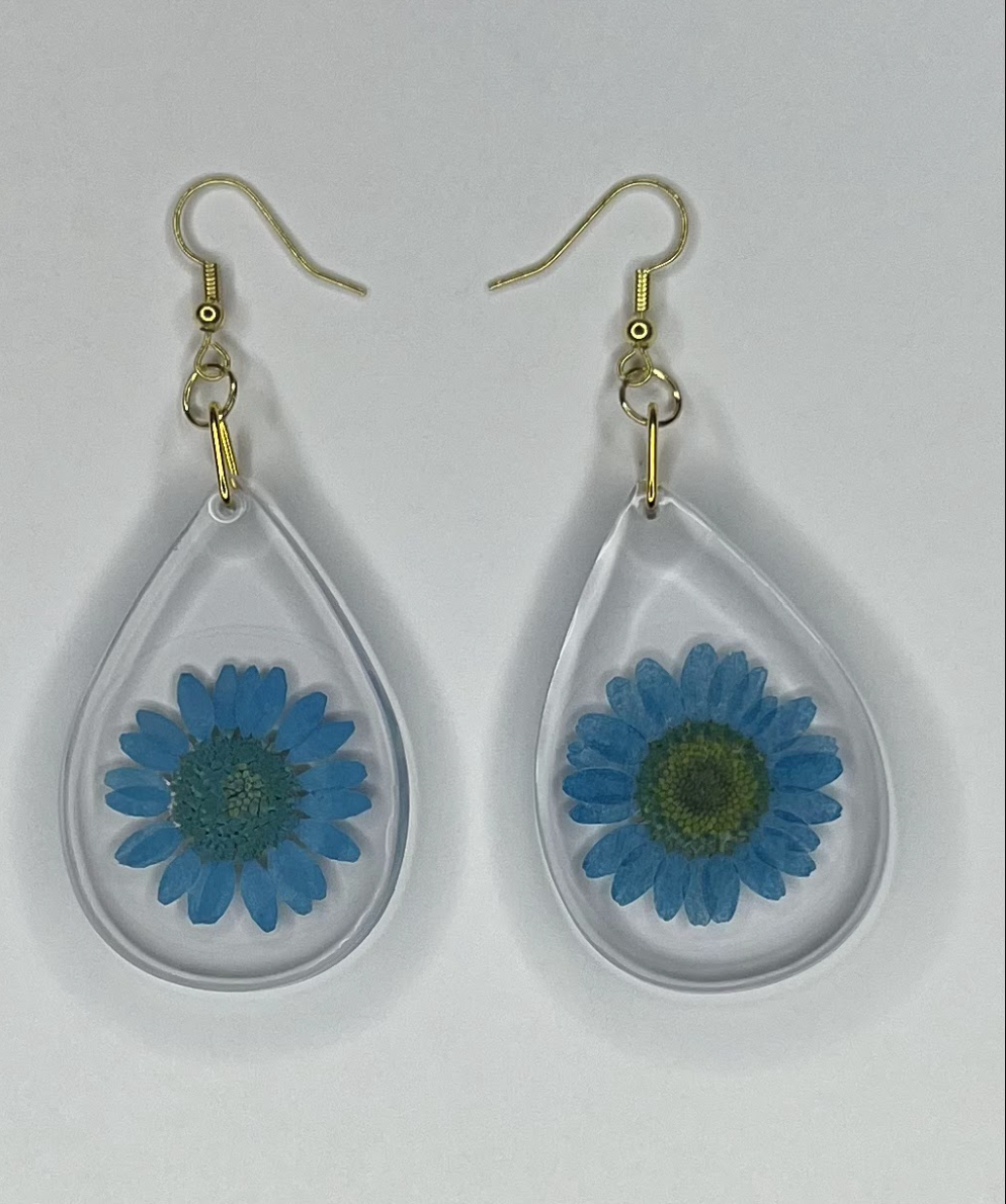 Teardrop Shaped Painted Blue Daisy Flower Earrings