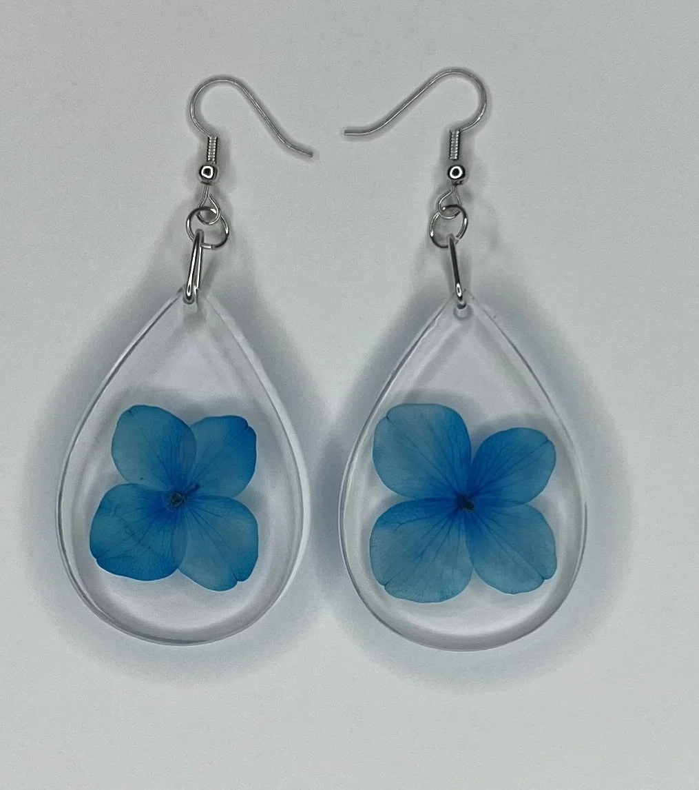 Teardrop Shaped Baby Blue Hydrangea Dangle Earrings