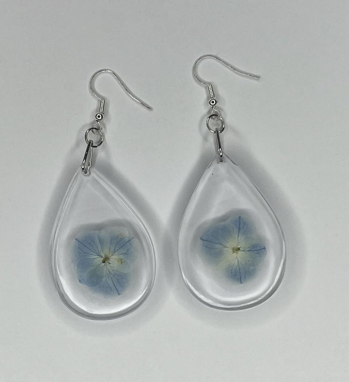 Teardrop Shaped Light Blue Hydrangea Dangle Earrings