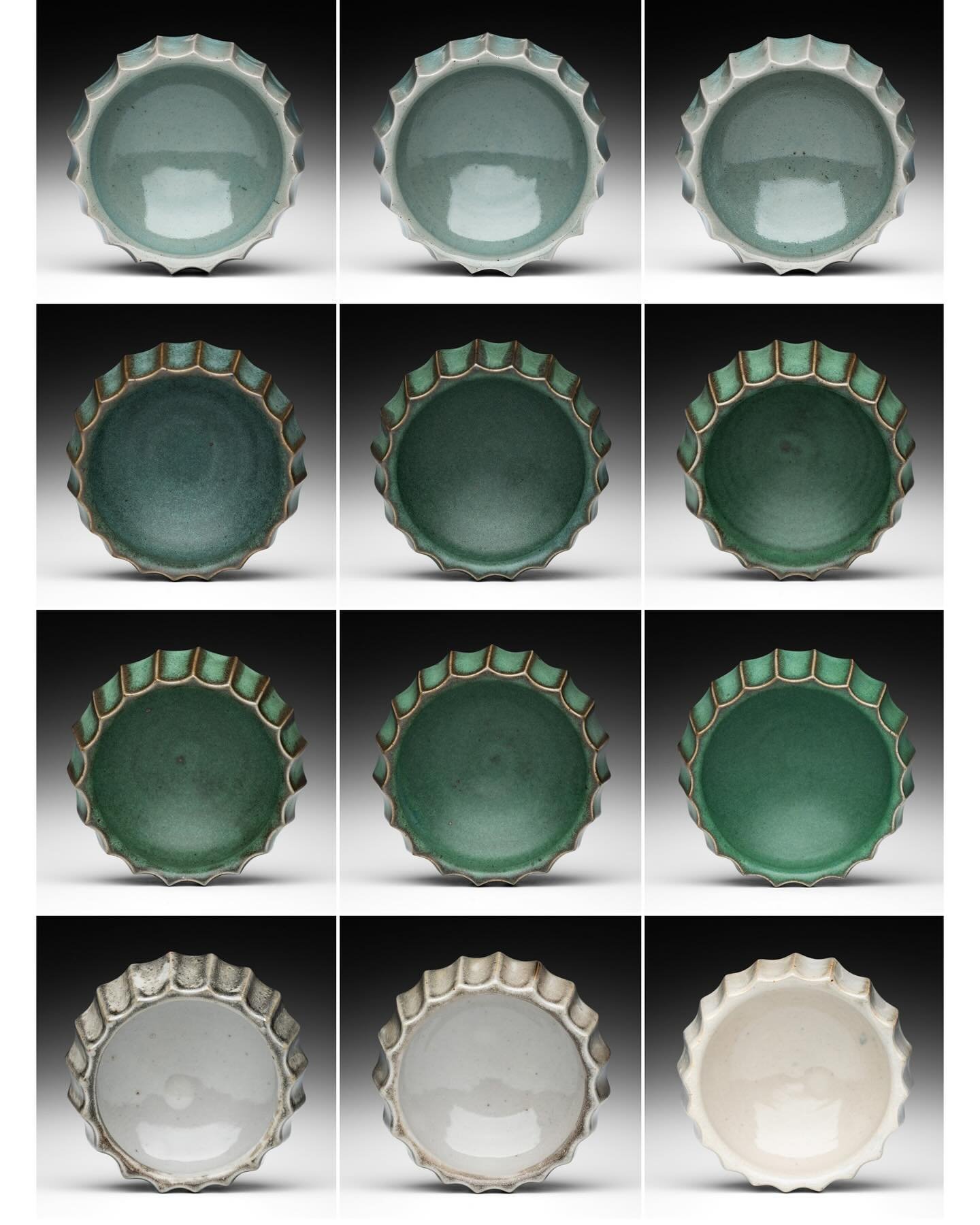 12 fluted bowls, each thrown on the wheel, carved by hand, and then finished with celadon, &ldquo;basil&rdquo;, and shino glazes. These images highlight their wavy rims and how the different glazes interact with the crisp edges/corners. I&rsquo;ve be