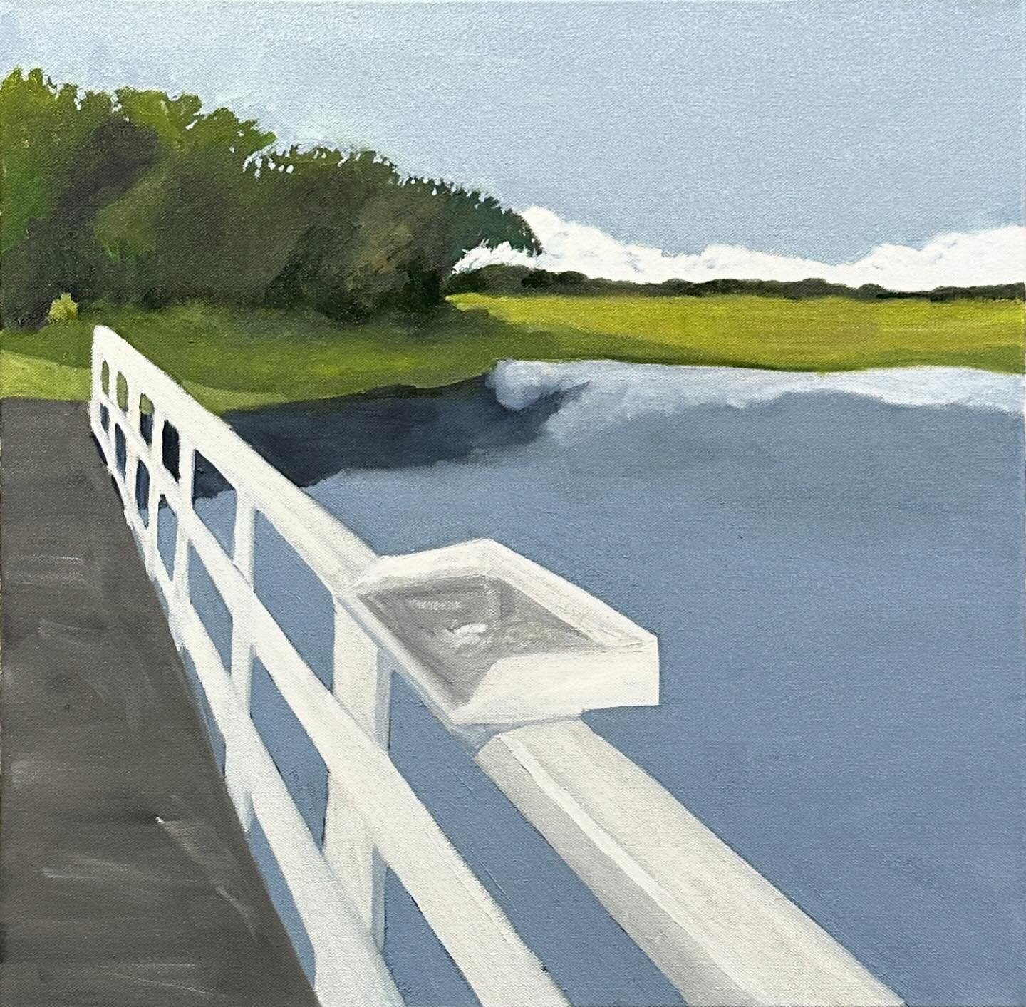 A fish cleaning station on a pier in the low country - Beaufort SC.  Obviously a lot of fish guts have rested on this shelf!  The marshes remind me of our own great marsh in Essex County.  18 x 18 oil on canvas.  #lowcountry #pier #fishinglife #rever