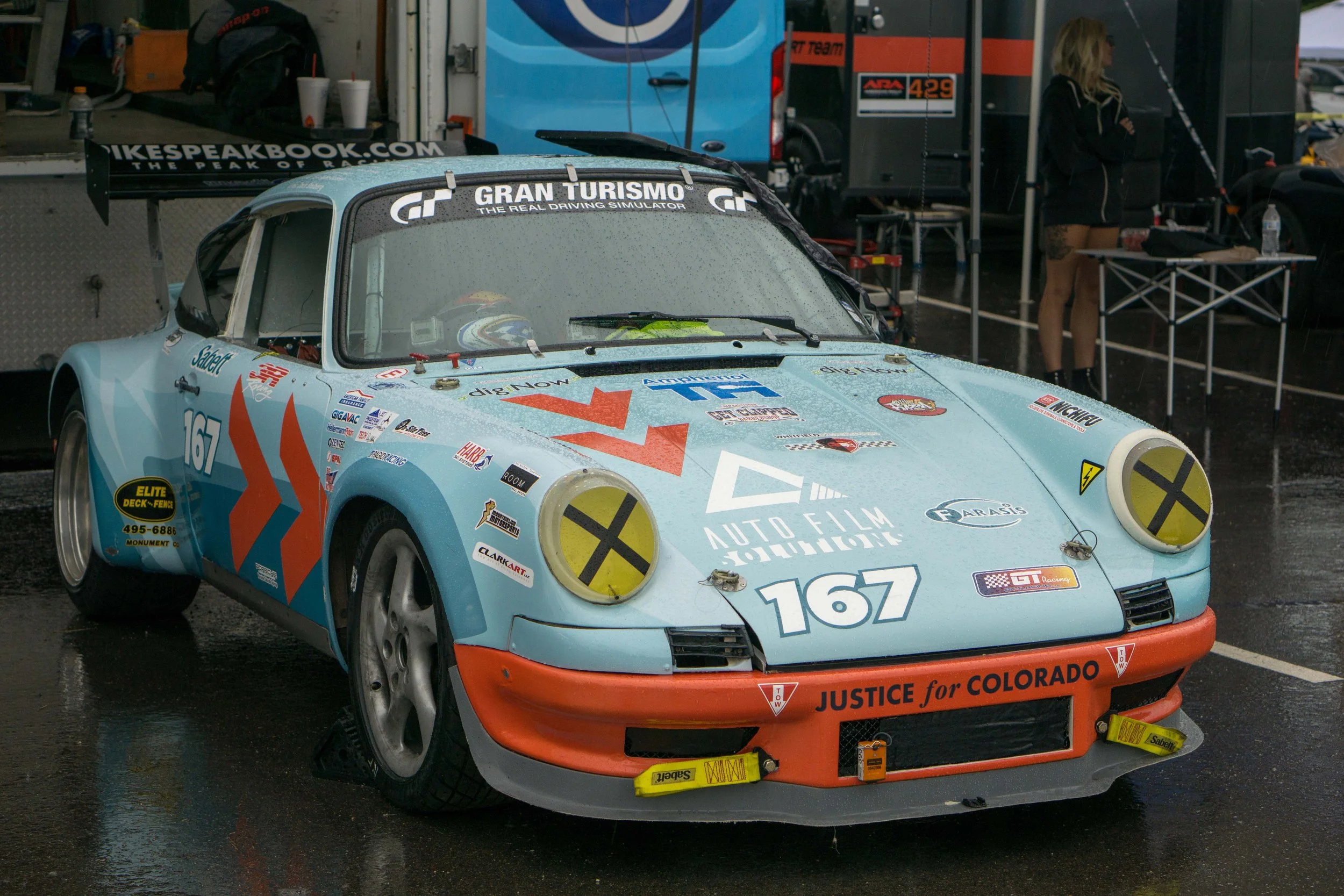 picture of teh 1973 Porsche 911 race car ready to drive at Pikes Peak