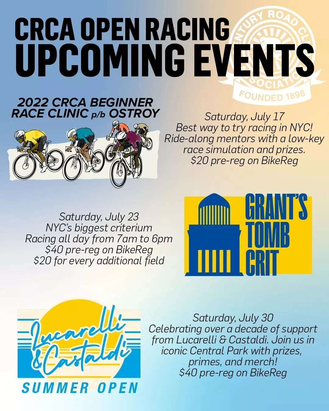 super busy July for @crcaracing! three exciting events for the next three weekends, featuring @ostroynyc's Beginners Clinics, the summer Grant's Tomb everyone's been asking for, and a brand new @lucarelliandcastaldi open race on July 30. hope to see 