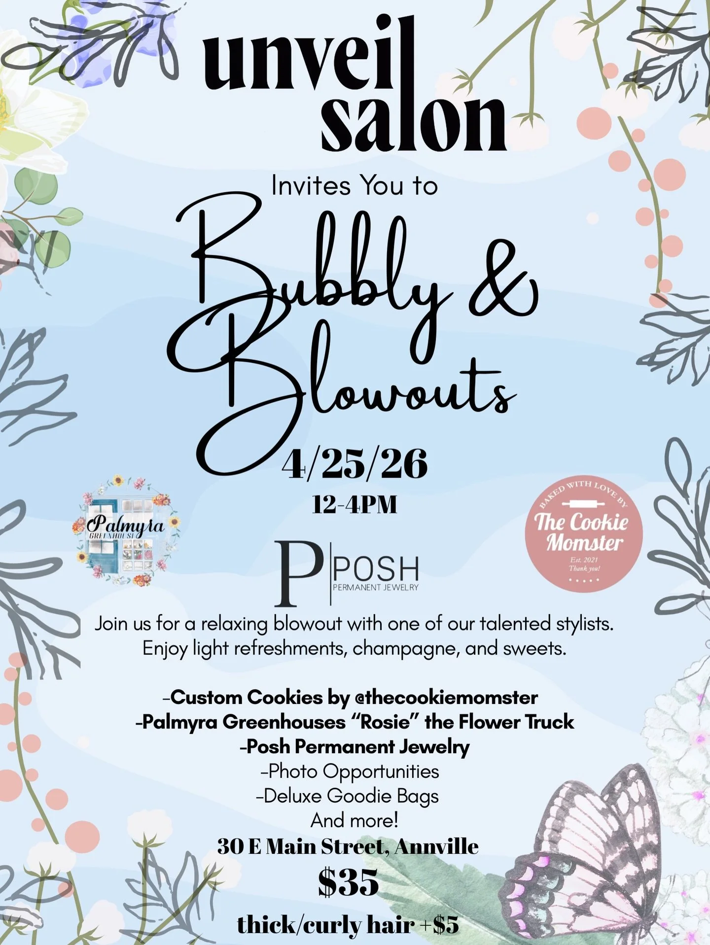 Let&rsquo;s celebrate Spring! 🌸 Join Unveil Salon and our friends on April 25th for Bubbly &amp; Blowouts. Enjoy flowers, cookies, permanent jewelry, and a fresh blowout from our talented stylists! 💕