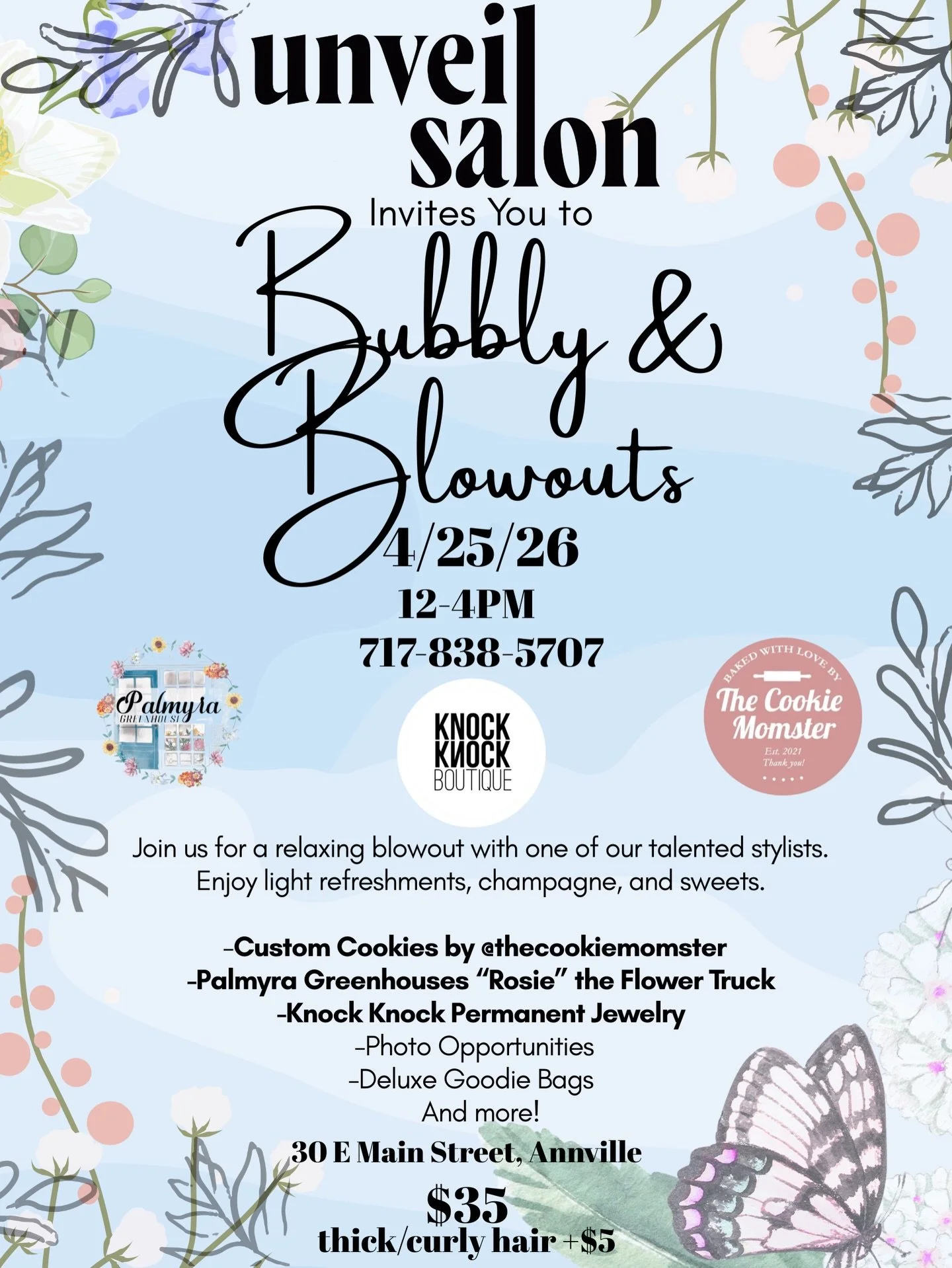 We are thrilled to welcome Knock Knock Boutique to our Bubbly &amp; Blowouts event. 🥂 Book a blowout, visit us to buy flowers, cookies or permanent jewelry or feel free to stop by and say hello. We look forward to seeing you. 🌸 
Palmyra Greenhouse 