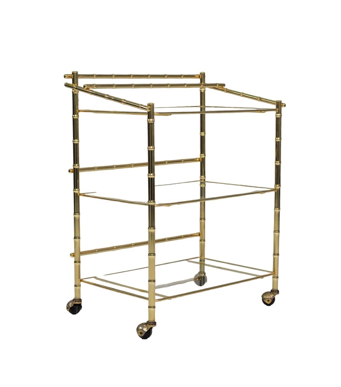 Three-Tiered Brass Bamboo and Glass Rolling Bar Cart, 1970s