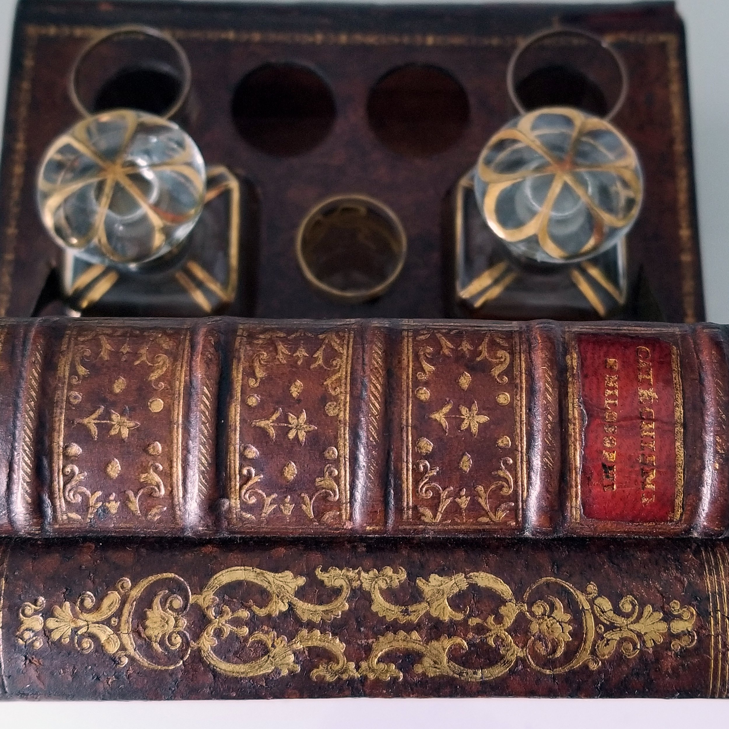 French Leather-Bound Book Tantalus with Shot Glasses and Decanters