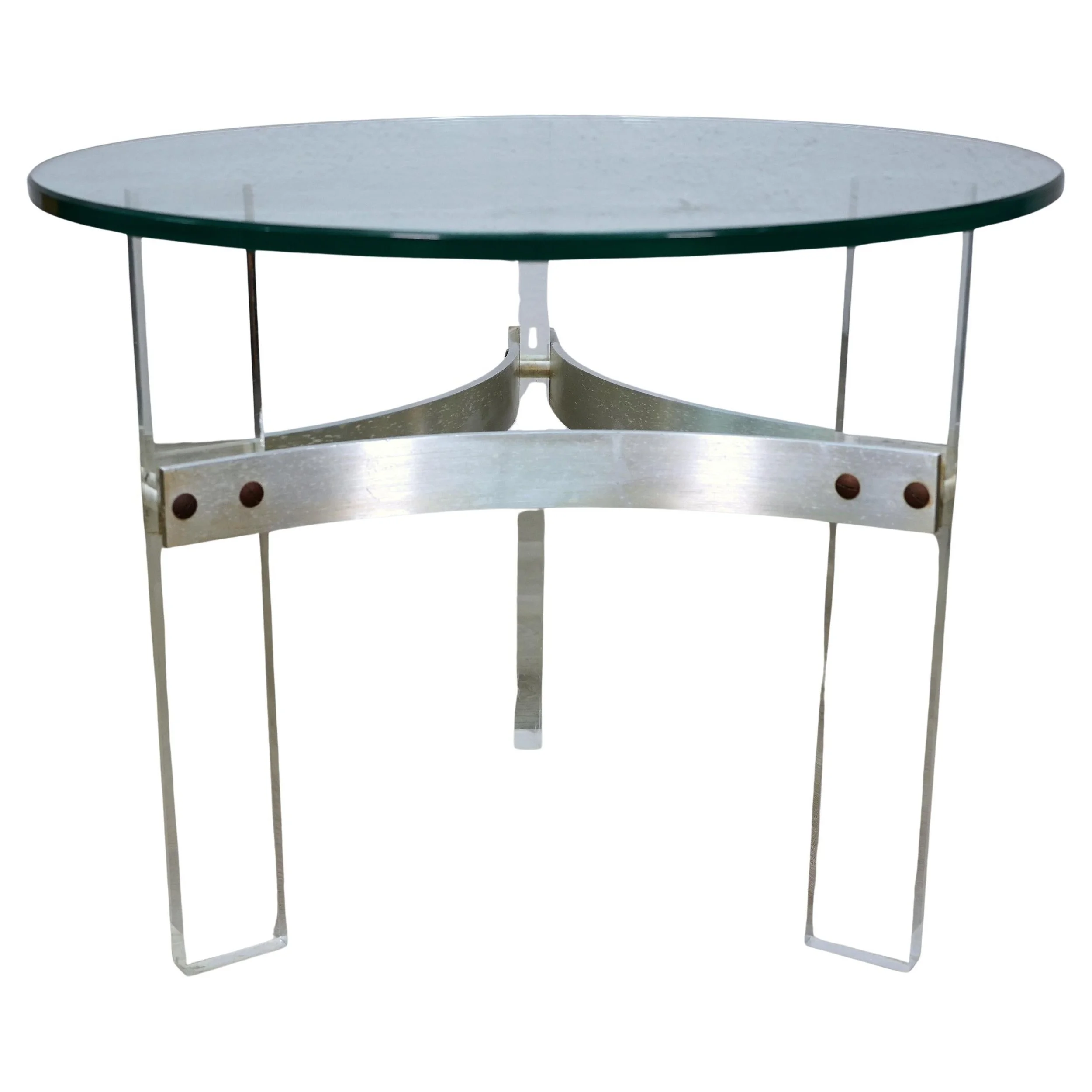 Charles Hollis Jones Lucite, Glass and Satin Chrome Round Side Table, 1970s