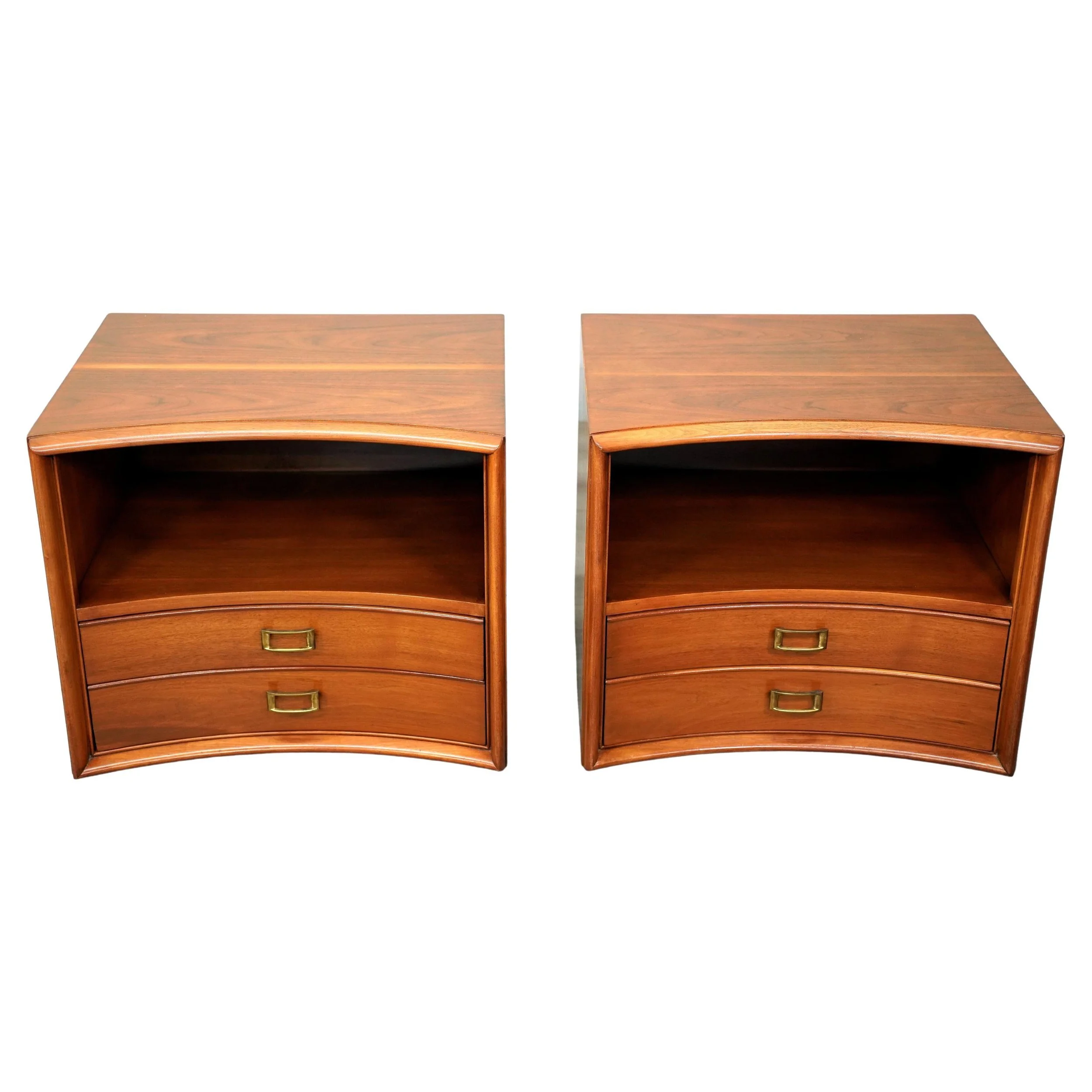 Pair of Paul Frankl for Johnson Furniture Walnut and Brass Nightstands or Side Tables, 1950s