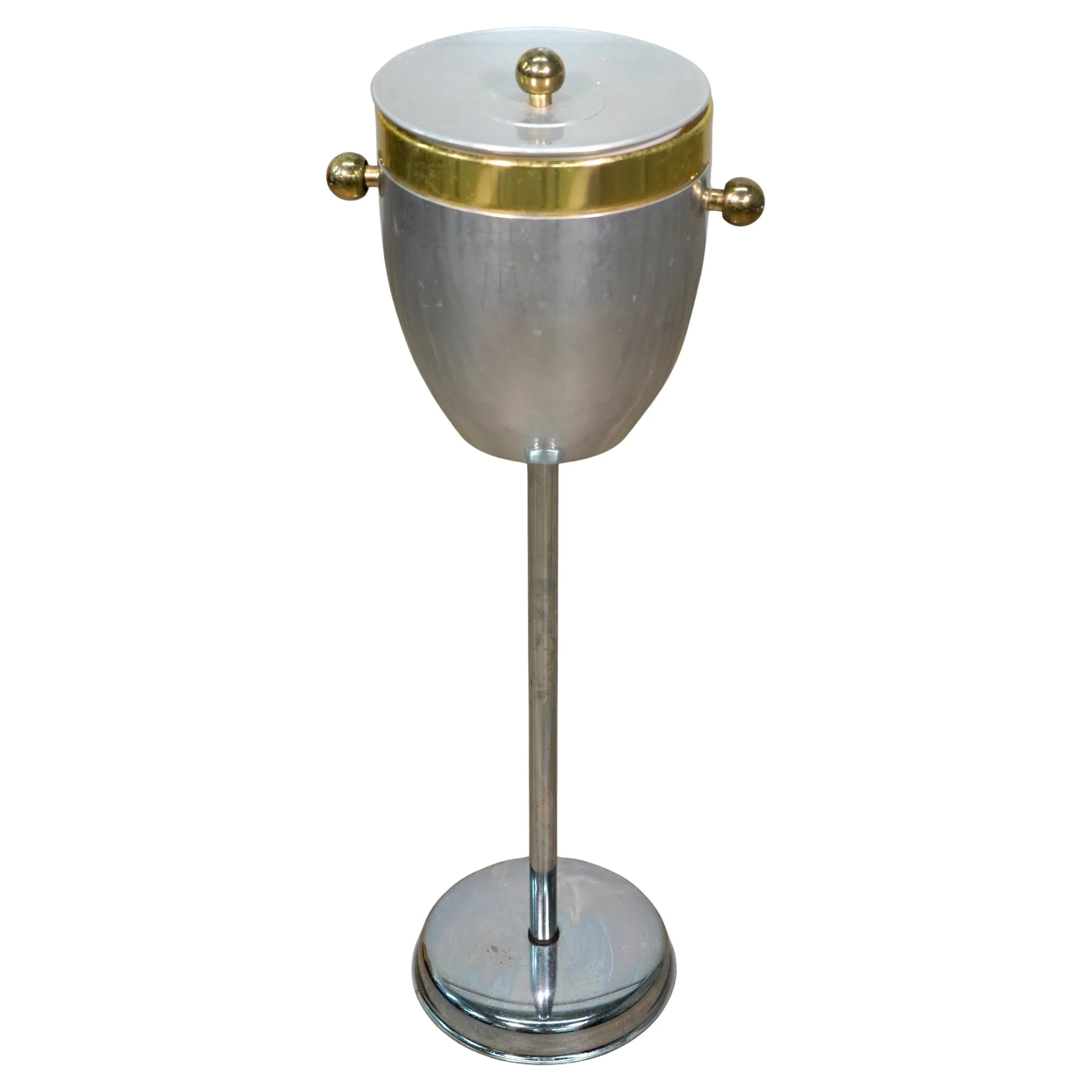 International Silver Standing Champagne Ice Bucket with Brass Ball Shaped Handles, 1960s