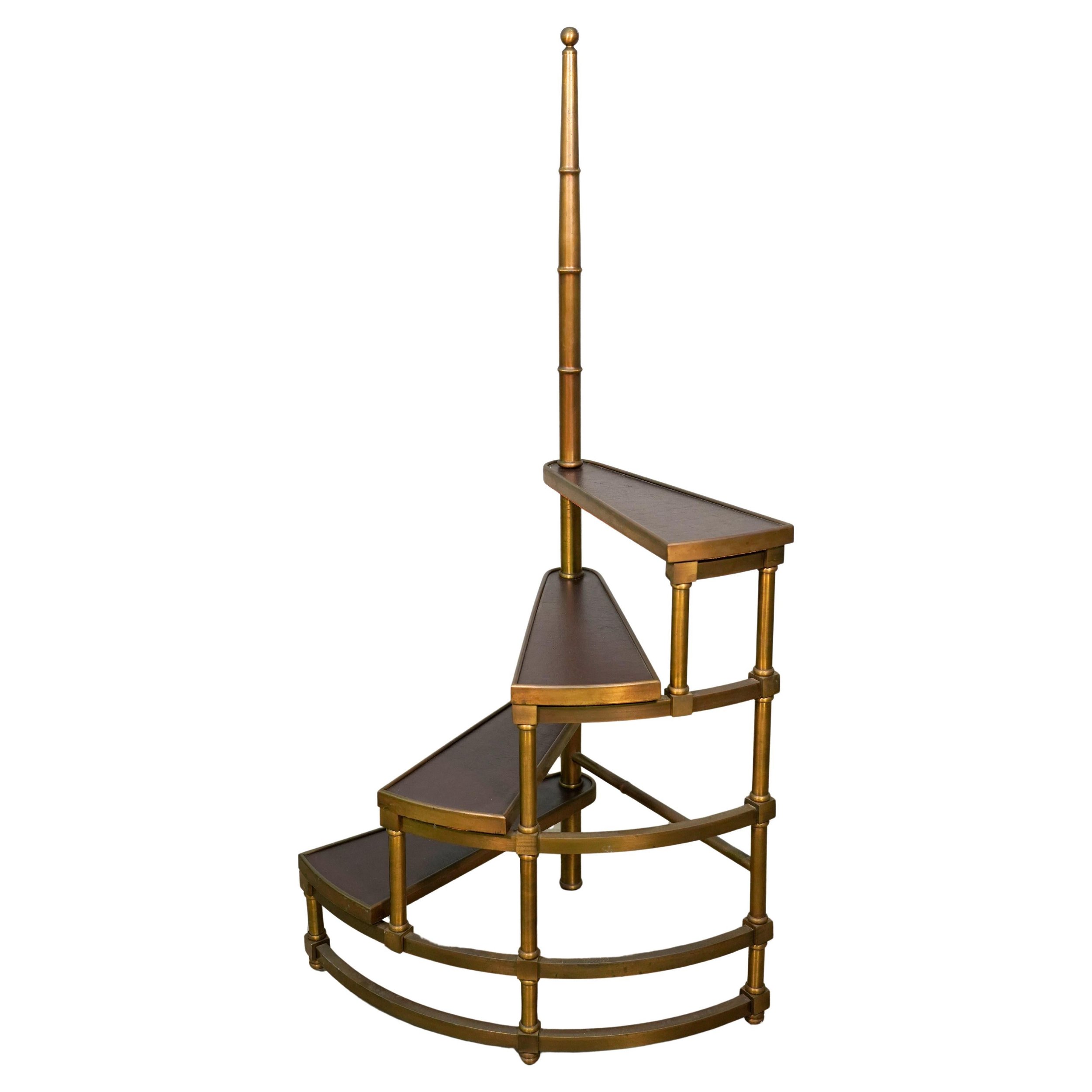 Edwardian Brass and Leather Spiral Library Steps, 1960s