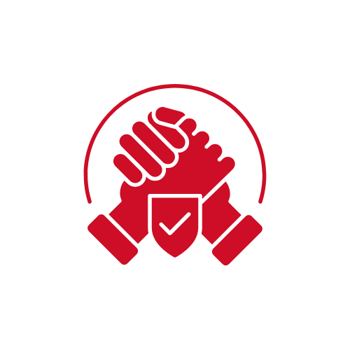 Two red hands interlocked with a shield and check mark symbol in front.
