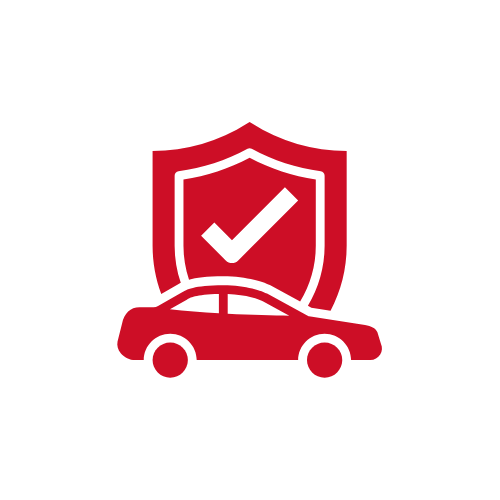 Red car with a shield and checkmark symbol, representing vehicle insurance or protection.