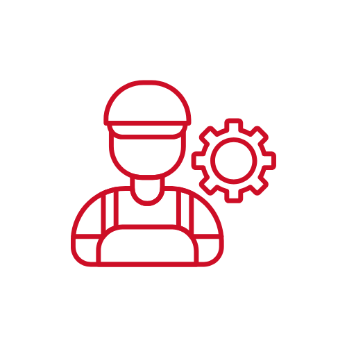 Outline of a worker wearing a hard hat with a gear icon beside them, representing industrial or technical work.