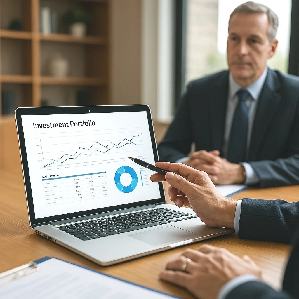 Financial discussion with an investment portfolio displayed on a laptop
