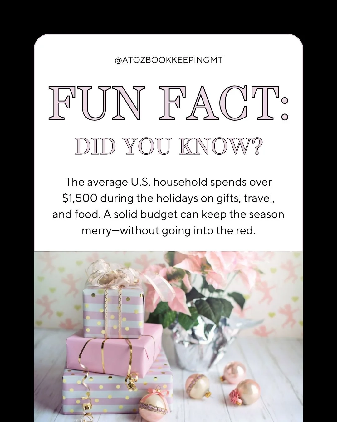 The average U.S. household spends over $1,500 during the holidays on gifts, travel, and food. A solid budget can keep the season merry&mdash;without going into the red.

#holidayspendingtips #atozbookkeeping #bozemanbookkeeping #bozemanmontana