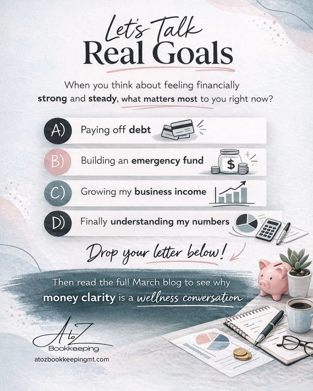 Let&rsquo;s talk real goals.

When you think about feeling financially strong and steady, what matters most to you right now?

A) Paying off debt
B) Building an emergency fund
C) Growing my business income
D) Finally understanding my numbers

Drop yo