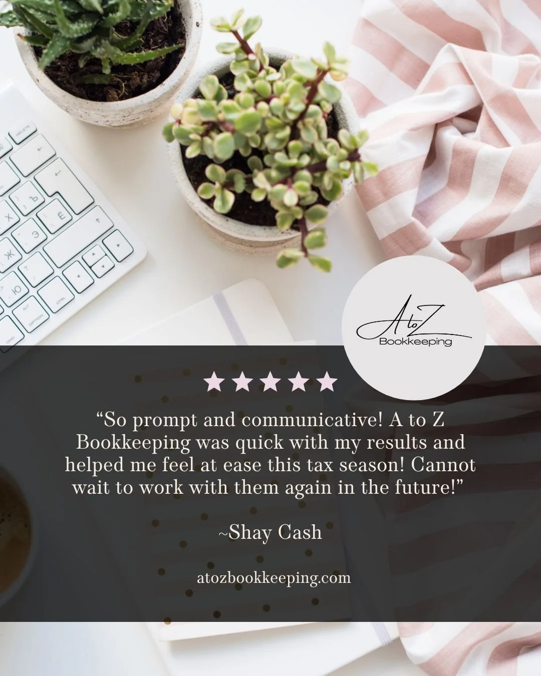 &ldquo;So prompt and communicative! A-to-Z Bookkeeping was quick with my results and helped me feel at ease this tax season! Cannot wait to work with them again in the future!&rdquo; ~Shay Cash

Thank you, Shay! We&rsquo;re so glad we could make tax 