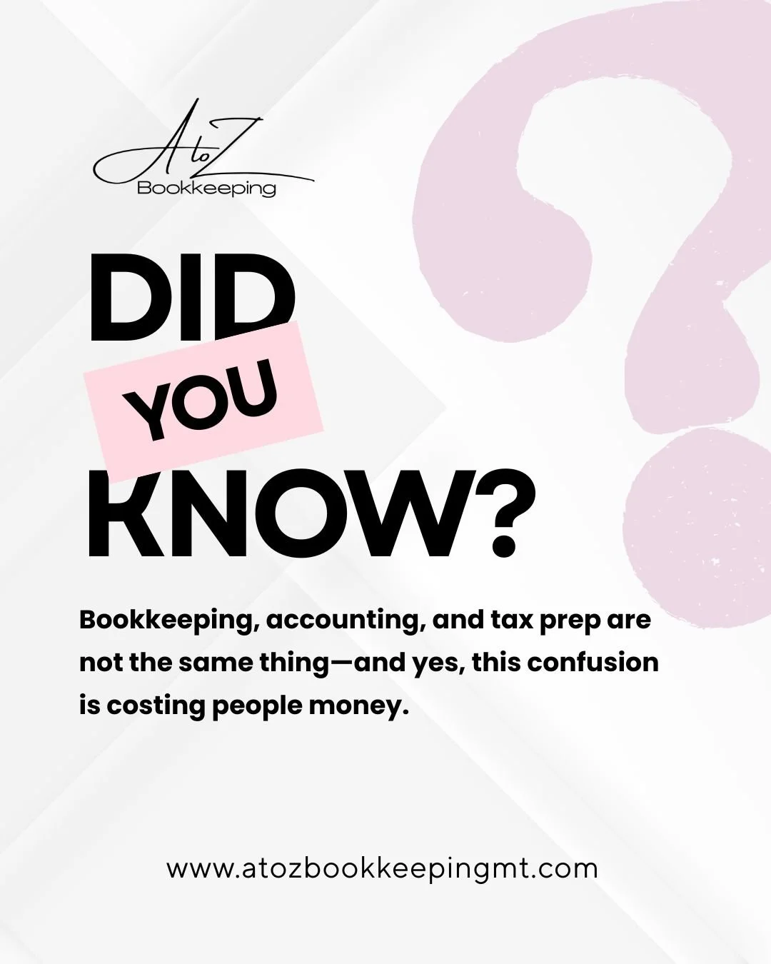 Bookkeeping, accounting, and tax prep are not the same thing&mdash;and yes, this confusion is costing people money.

Here&rsquo;s the cheat sheet:

Bookkeeping = tracking the numbers

Accounting = interpreting the numbers

Tax Prep = reporting the nu