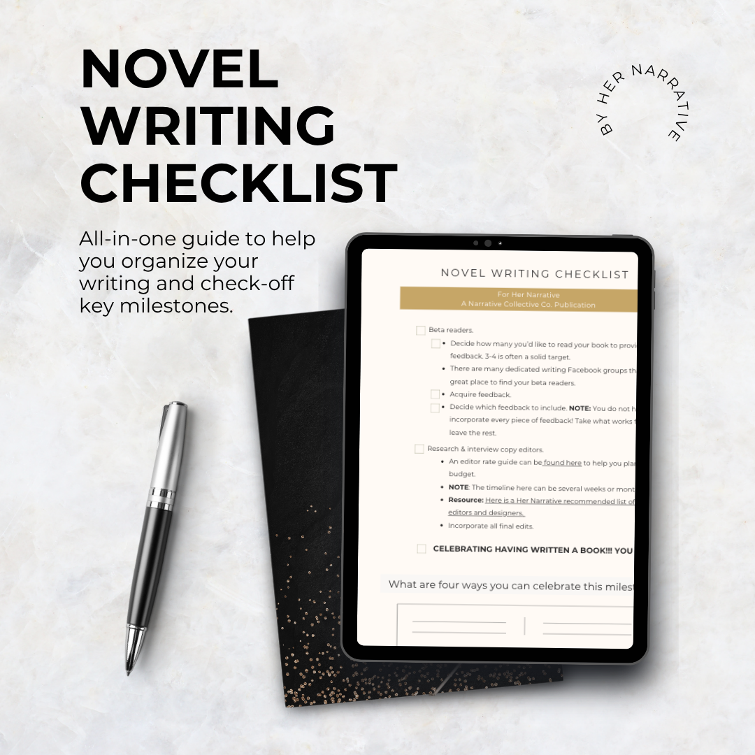 A digital tablet displaying a novel writing checklist, placed on a black notebook with gold specks, accompanied by a silver pen on a white textured surface.