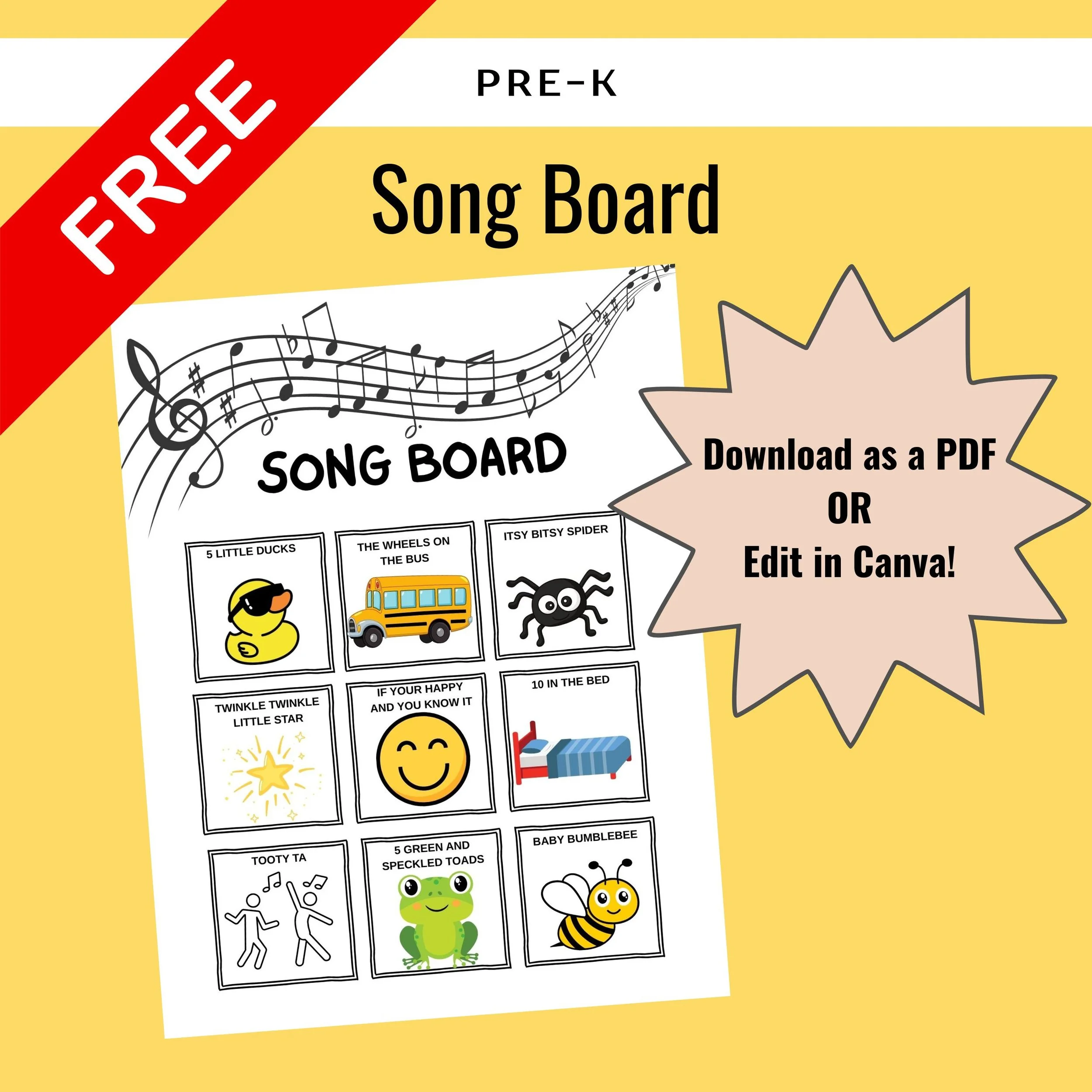 PreK Song Board PDF/Editable in Canva-FREE