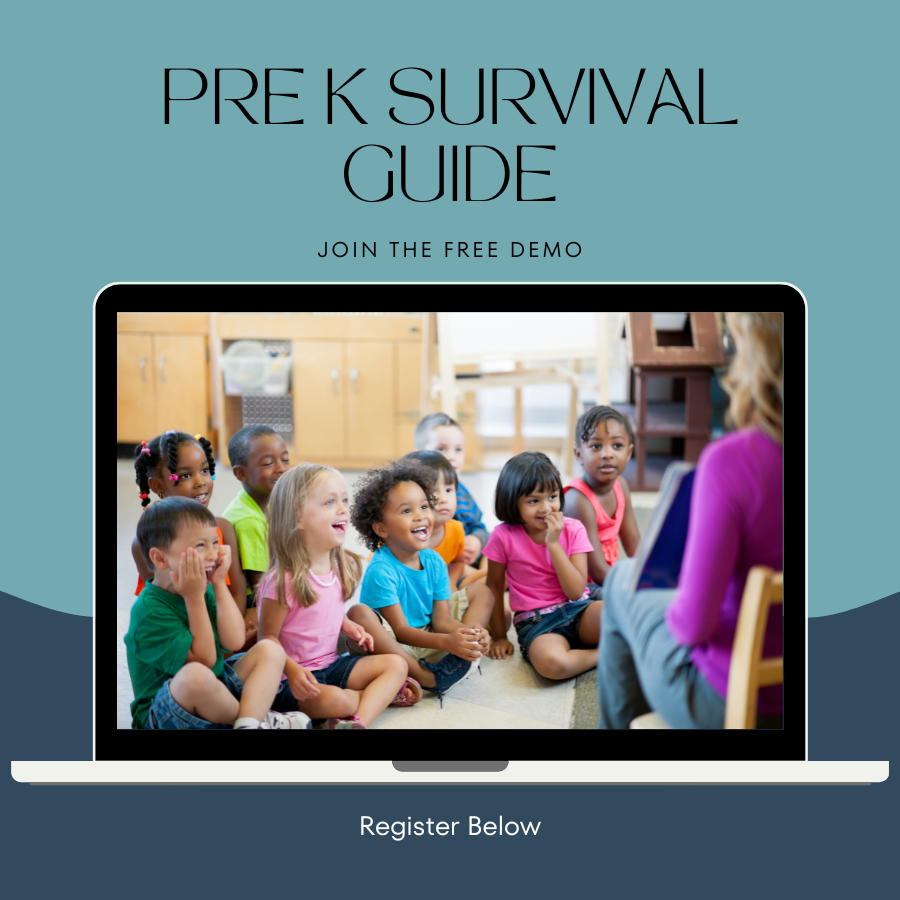 Digital advertisement for a Pre-K survival guide with a photo of young children sitting on the floor in a classroom watching a woman with a laptop, inviting viewers to register for a free demo.