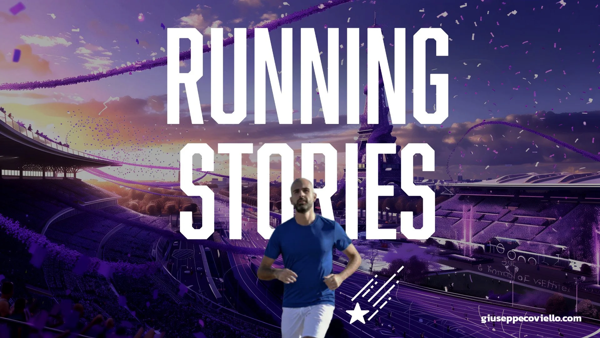 A digital illustration of a marathon or running event in Paris, featuring an athlete running in the foreground. The background shows stylized elements of the Eiffel Tower, a stadium, colorful confetti, and a sky with clouds during sunset.