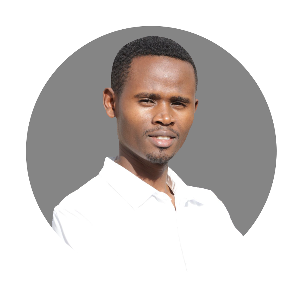 Portrait of a young man with short black hair, wearing a white shirt, standing against a background with a purple and gray circular design.