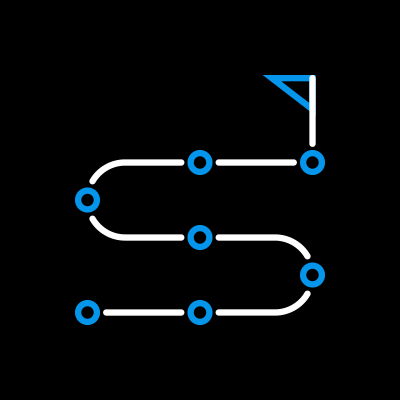 A simplified subway or train map with blue and white nodes and lines on a black background.