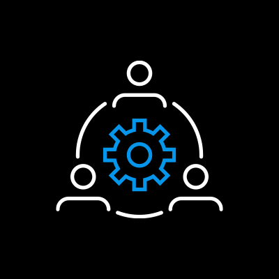Icon of three people connected around a gear, representing teamwork or collaboration.