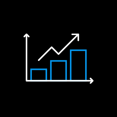 Graph with blue bars and an upward trending white line against a black background.