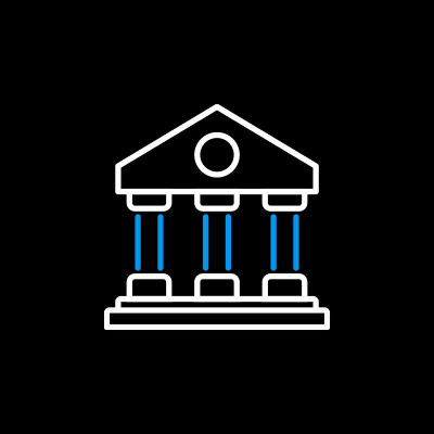 Line drawing of a classical building with columns and a triangular pediment, resembling a government or institutional structure.