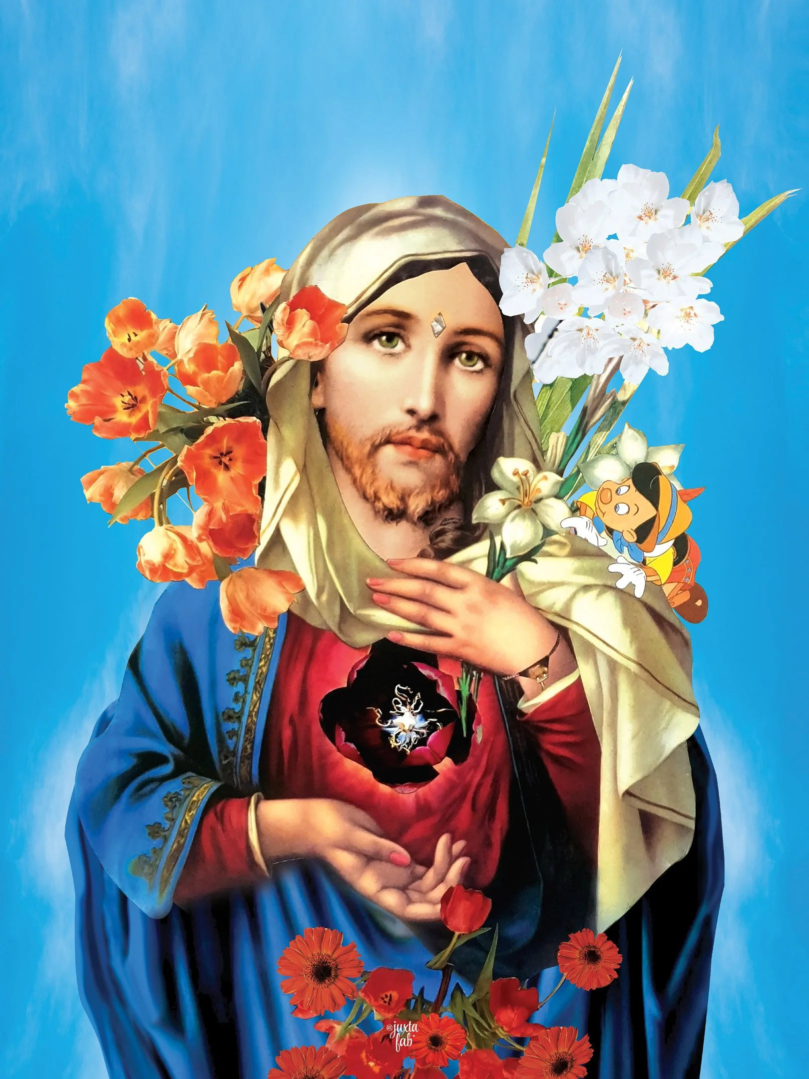 An artistic and queer representation combining religious imagery of Jesus Christ with cartoon characters, flowers, and vibrant colors against a blue background. by Fabio Borges