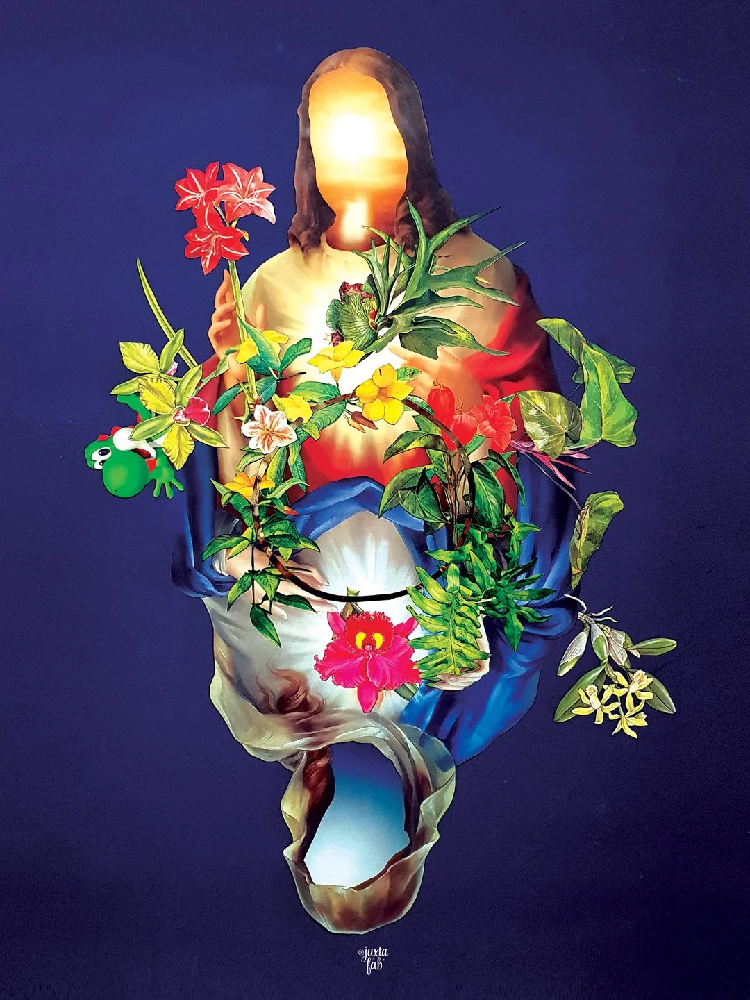 A modern collage artwork depicting Jesus with a faceless, glowing face, surrounded by vibrant tropical flowers, leaves, and a small cartoonish green dinosaur, set against a dark background. collage by Fabio Borges