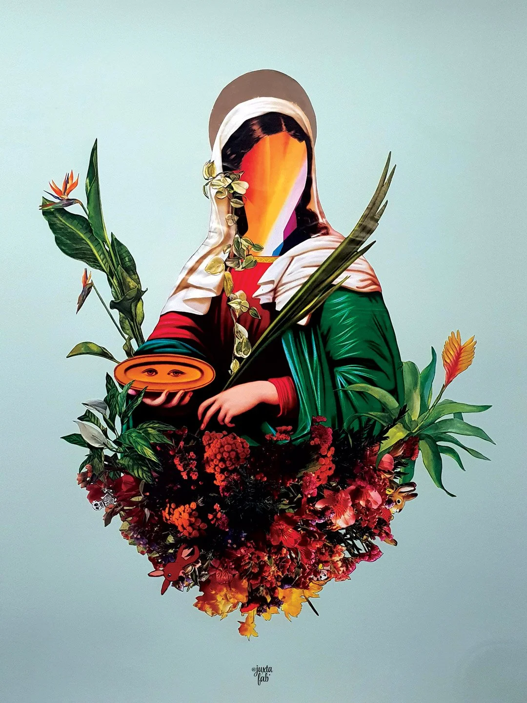 Digital artwork of a stylized modern interpretation of a classical religious figure, with a vibrant, abstract face, surrounded by colorful flowers and leaves. collage by Fabio Borges