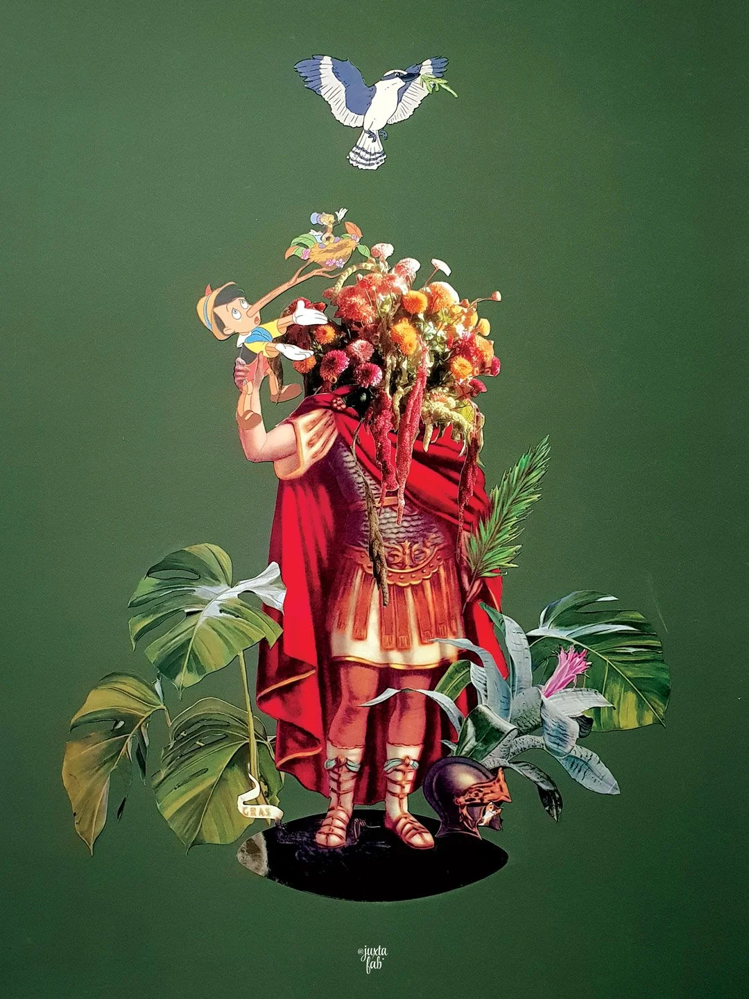 An artistic collage featuring a figure dressed in ancient attire with a head made of flowers and plants, standing among large tropical leaves. A cartoon bird is flying above holding a branch, and a small cartoon character is riding on the flowers on 