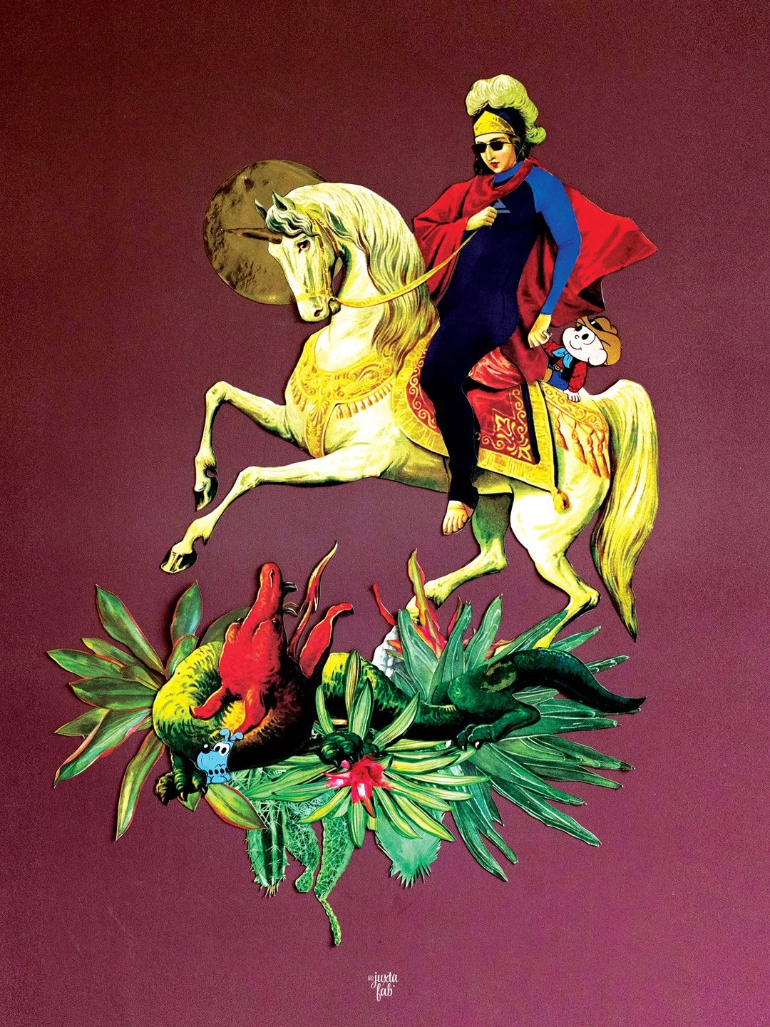 A surreal collage featuring a woman in sunglasses riding a white horse, with a cartoon character on the horse's back, set against a dark red background with green foliage at the bottom. collage by Fabio Borges