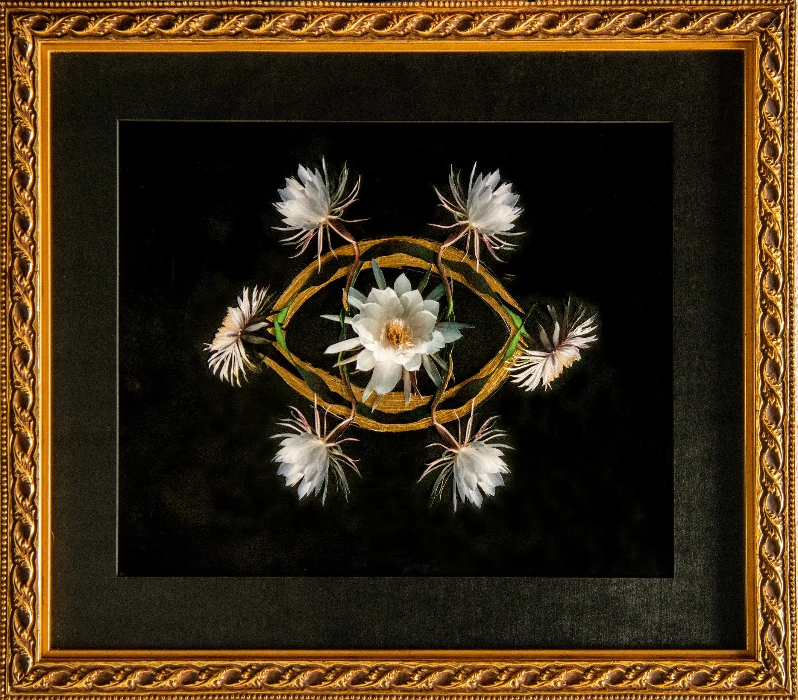 A framed artwork featuring a symmetrical floral arrangement of white flowers against a black background. collage by Fabio Borges - Cura Series