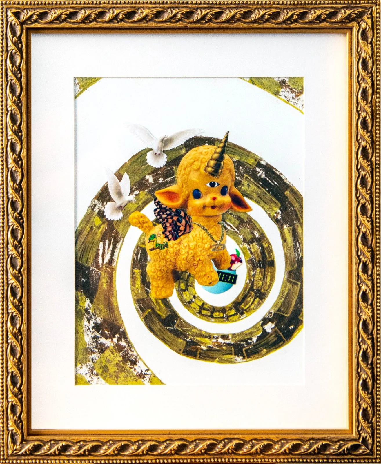 Framed surreal artwork featuring a cartoon-like creature with a unicorn horn, a third eye, butterfly wings, and a textured yellow body, surrounded by white birds flying in space-like background with a spiral tunnel. by Fabio Borges