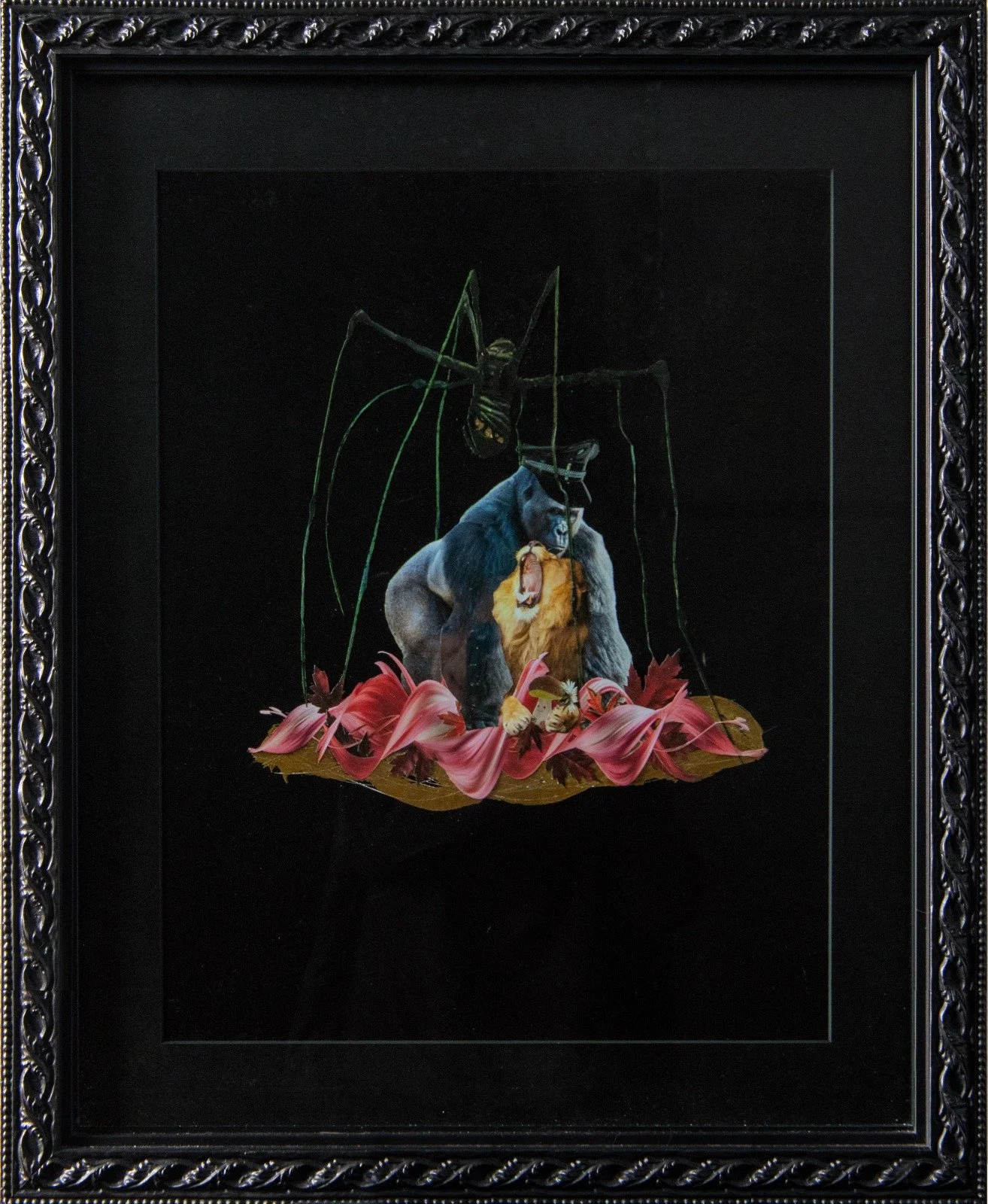 An artwork with a collage of animals, including a gorilla, lion, and bear, set on a pink flower arrangement with a black ornate frame. collage by Fabio Borges - Cura Series