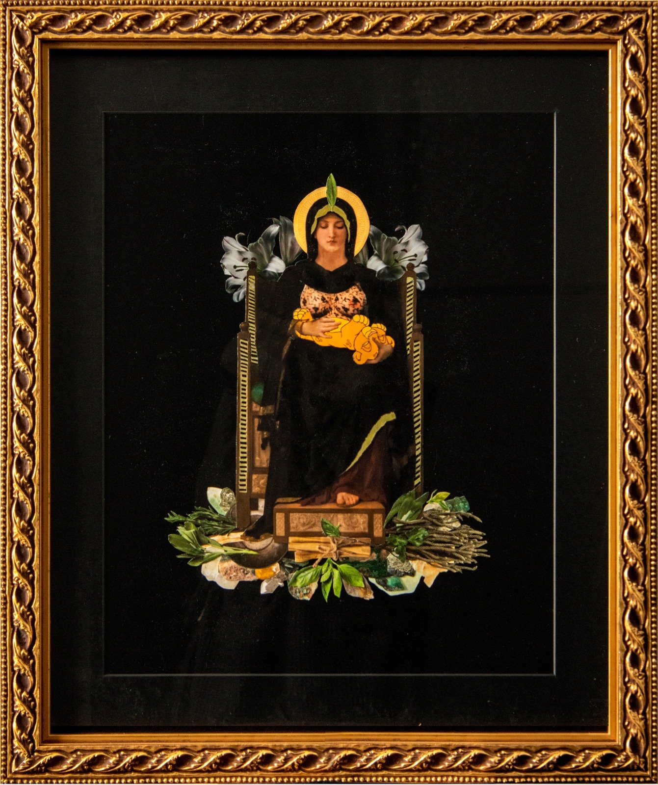 Religious artwork featuring a woman with a golden halo, dressed in black and brown, sitting on a throne with greenery and stones at her feet, against a black background, framed in an ornate gold frame. collage by Fabio Borges - Cura Series