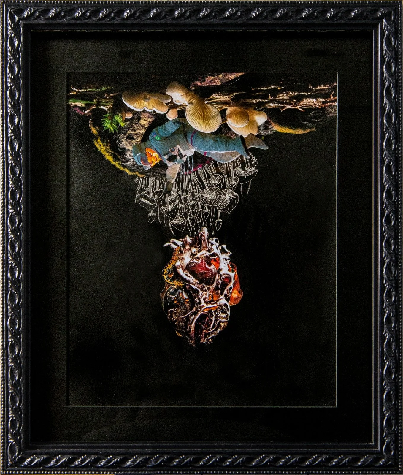 An art piece depicting a surreal scene with mushrooms, insects, and a human figure connected to a human heart, all set against a dark background, framed in an ornate black frame. by visual artist Fabio Borges - Cura Series