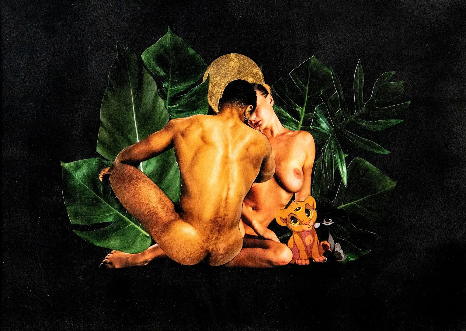 Two naked humans, a man and a woman, sitting on the ground with large tropical leaves and a gold moon or sun in the background, accompanied by cartoon characters. collage by Fabio Borges - Cura Series