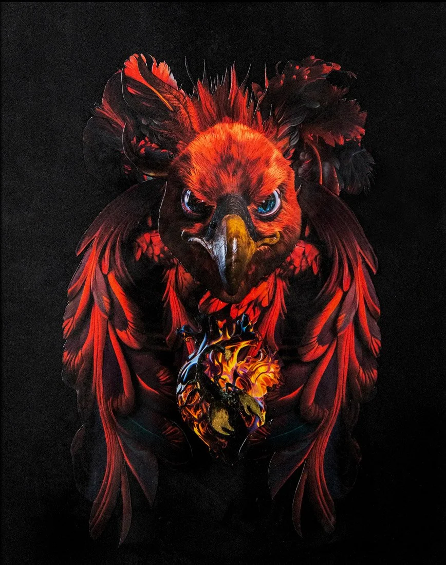 A digitally created image of a fierce-looking bird with red and black feathers, piercing blue eyes, and a powerful beak, holding a fiery globe with a dragon inside against a black background. by Fabio Borges