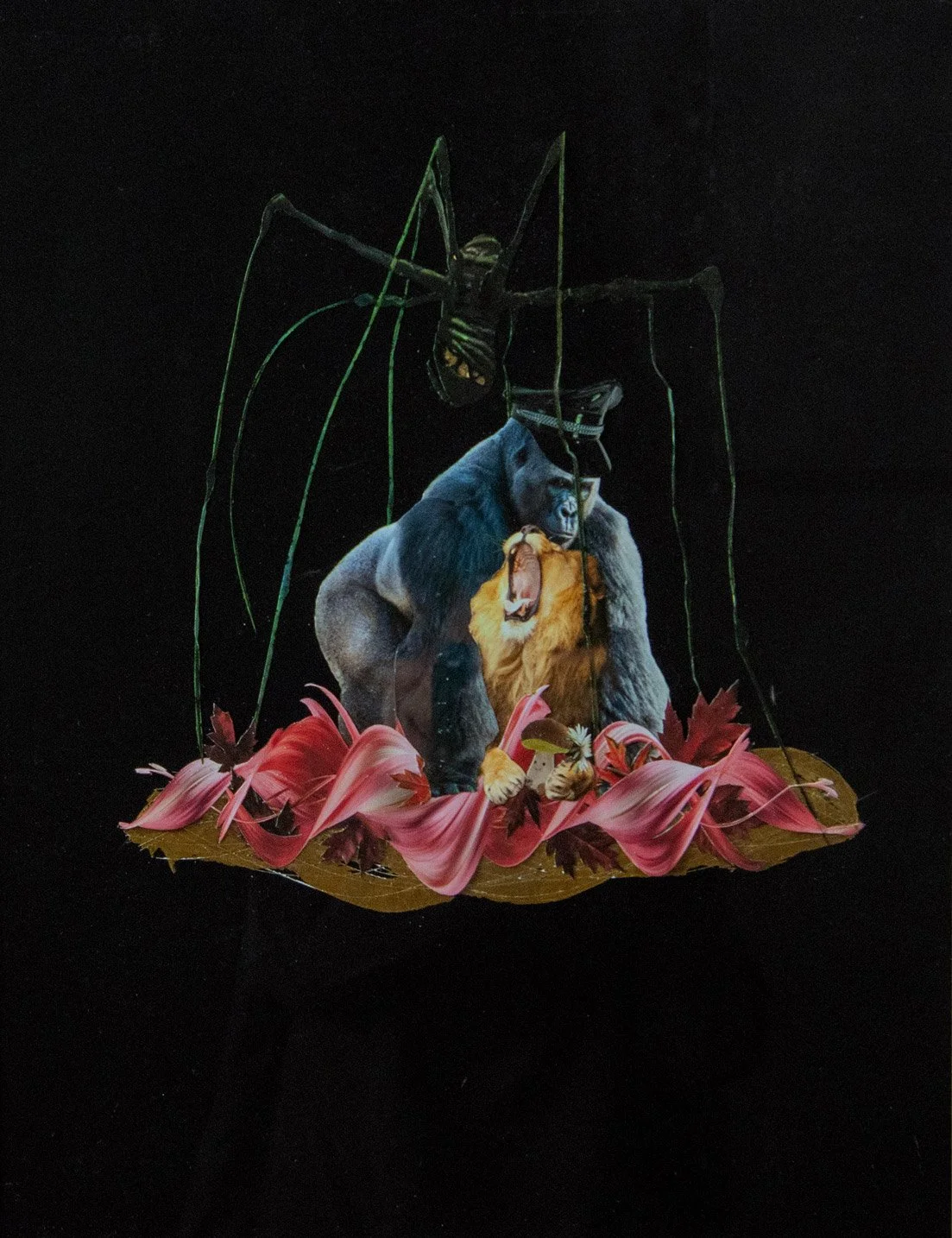A surreal collage featuring a large spider hanging above a gorilla and a lion, with pink and red flowers at the bottom against a black background. collage by Fabio Borges - Cura Series