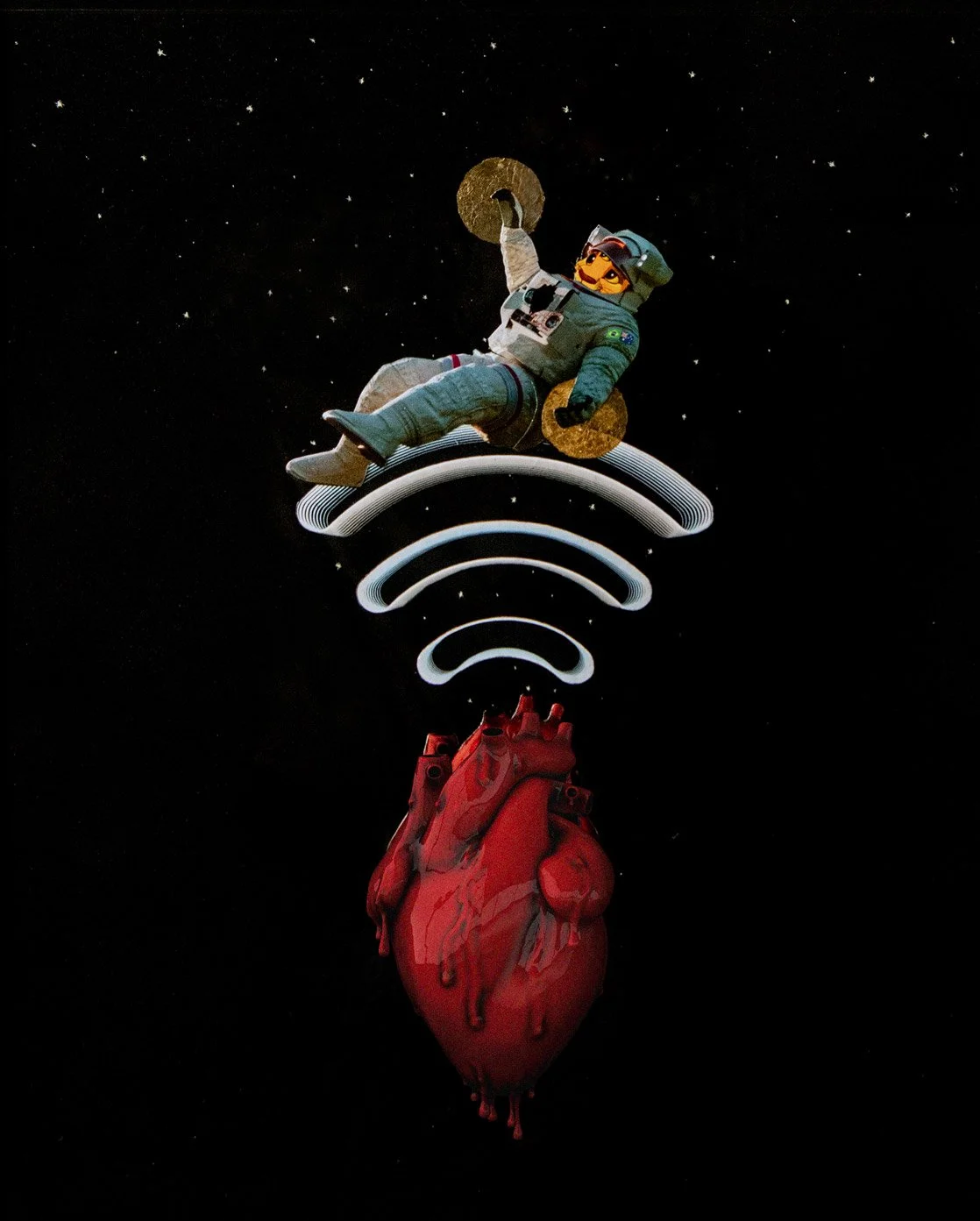 A Lego astronaut floating above a large, realistic human heart with a Wi-Fi signal symbol between them, against a starry black space background. collage by Fabio Borges - Cura Series