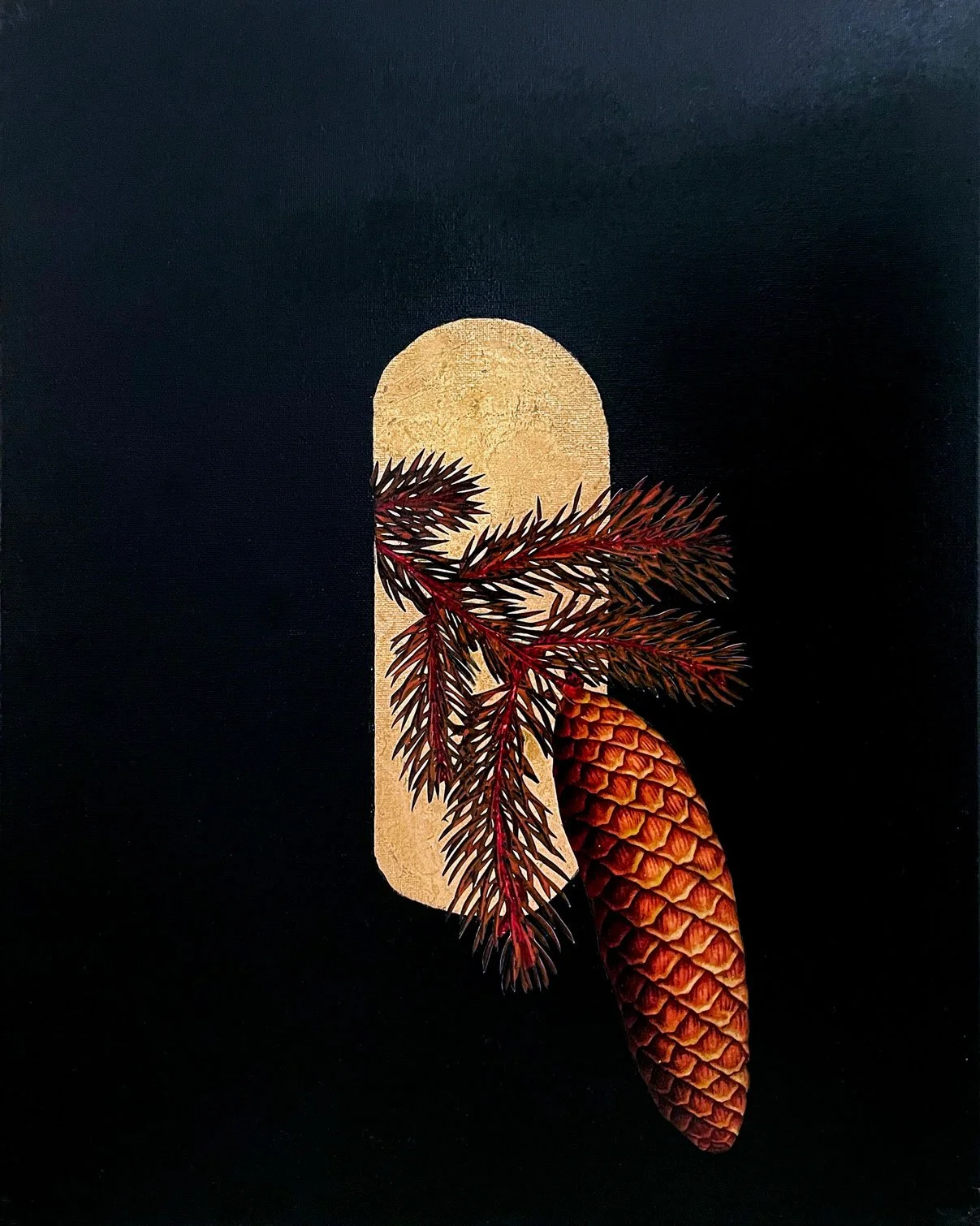 A pine cone, red pine needles, and a beige popsicle against a black background. By visual artist Fabio Borges