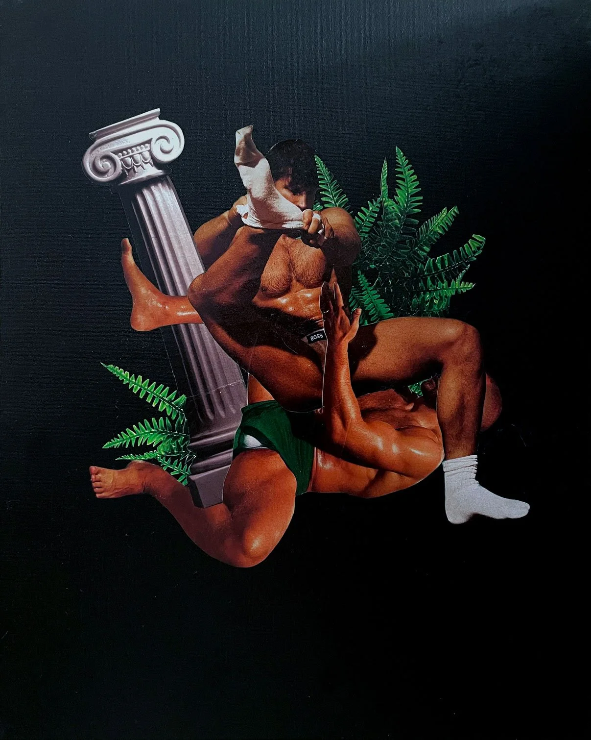 Collage artwork of two muscular men in underwear, wrestling or fighting, with a column and tropical leaves in the background. by Fabio Borges