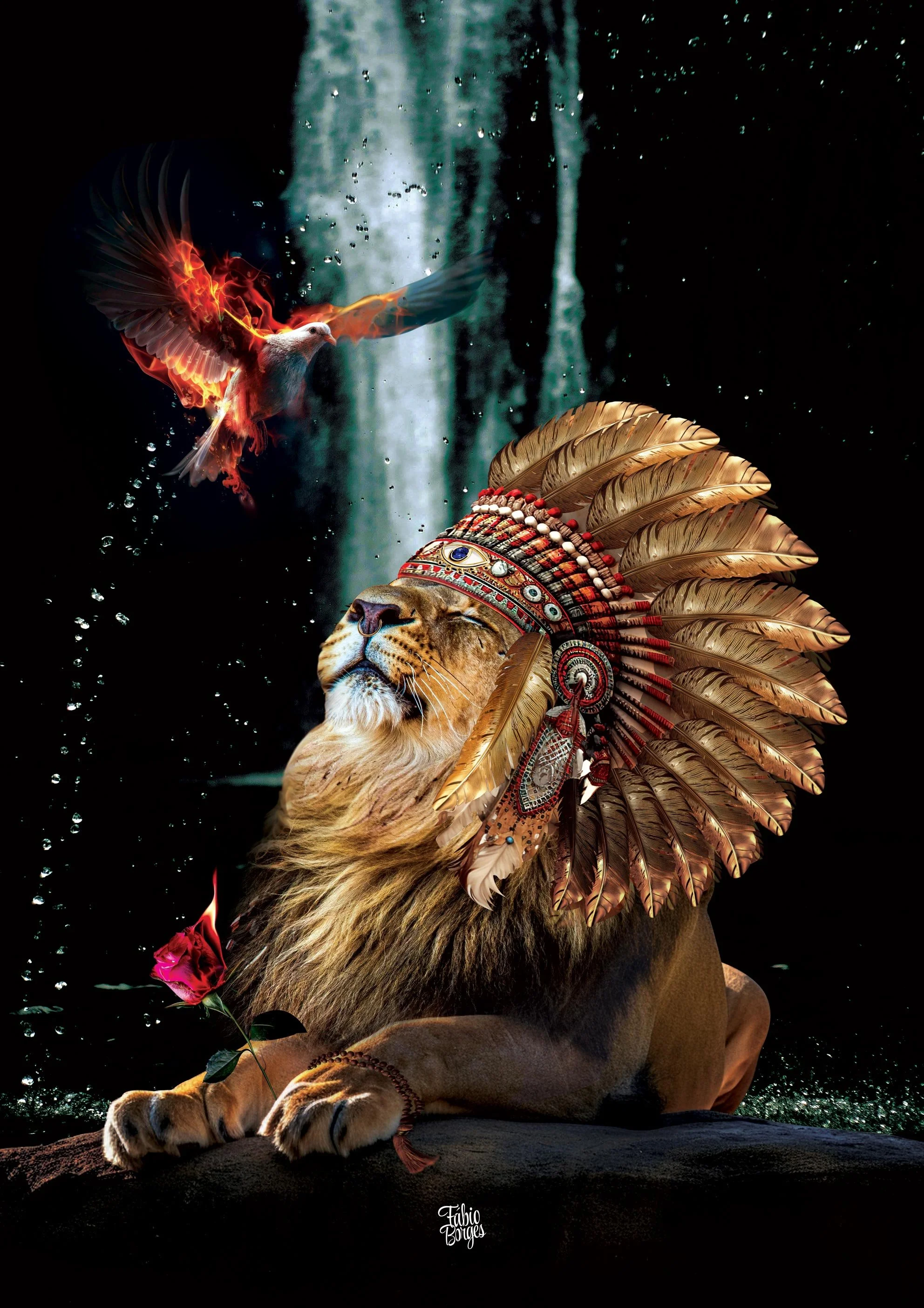 A digitally created image of a lion wearing a Native American feather headdress, sitting with a pink rose near its paw, and a fiery-colored bird flying above against a dark background with waterfalls. Caboclo Pena Dourada by Fabio Borges