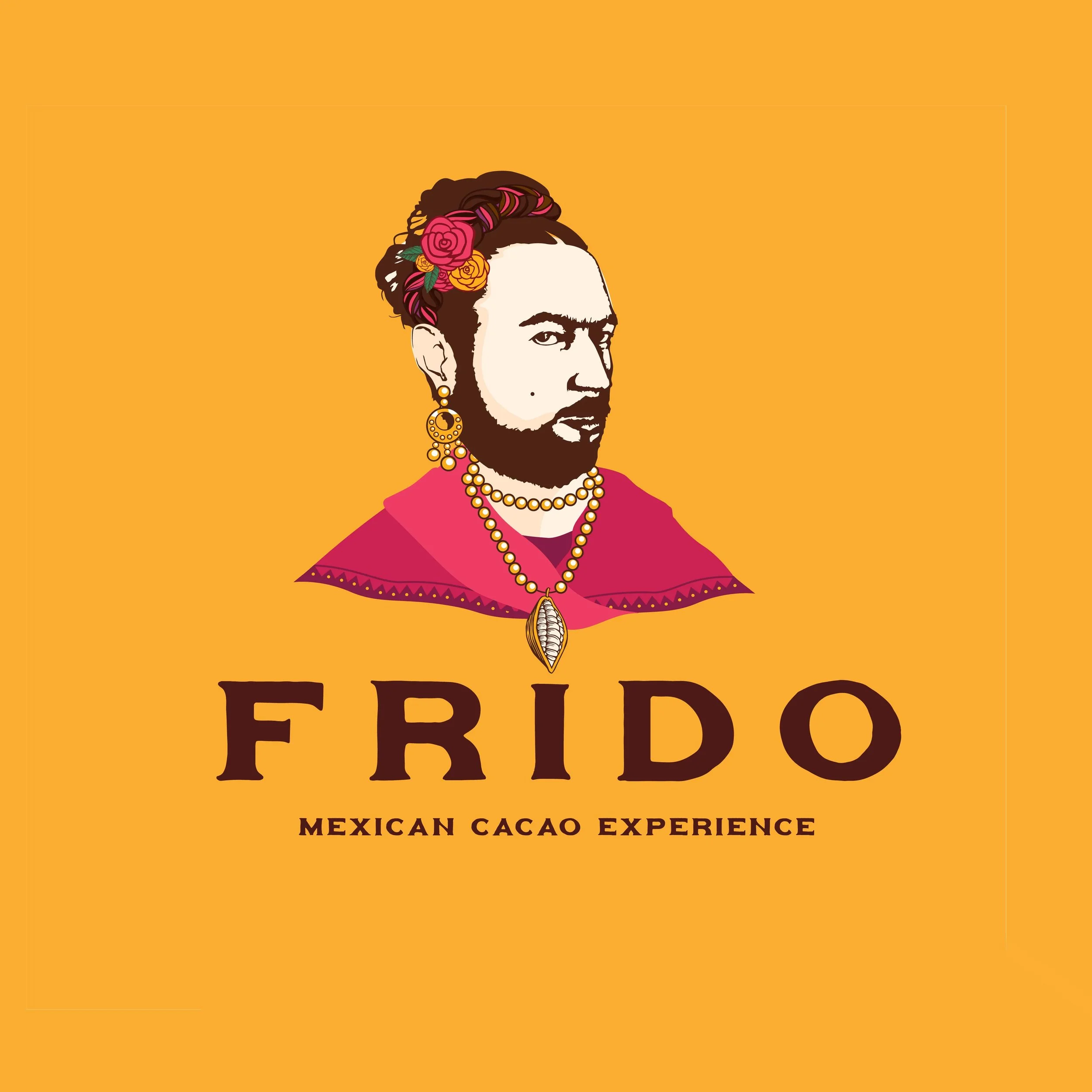 Illustration of a woman with a floral headpiece, earrings, and a necklace, against an orange background, promoting a Mexican cacao experience.